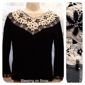 Anthropologie Sleeping on Snow Black Sweater with lace trim